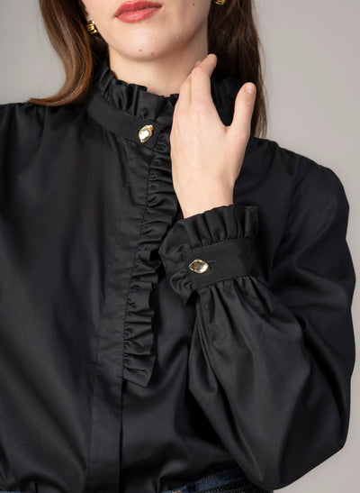 Kristen Black Frill Collar Shirt with Grosgrain Trim