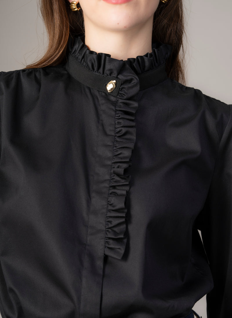 Kristen Black Frill Collar Shirt with Grosgrain Trim