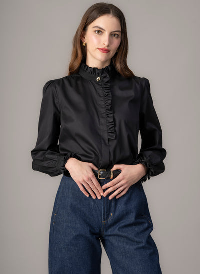 Kristen Black Frill Collar Shirt with Grosgrain Trim