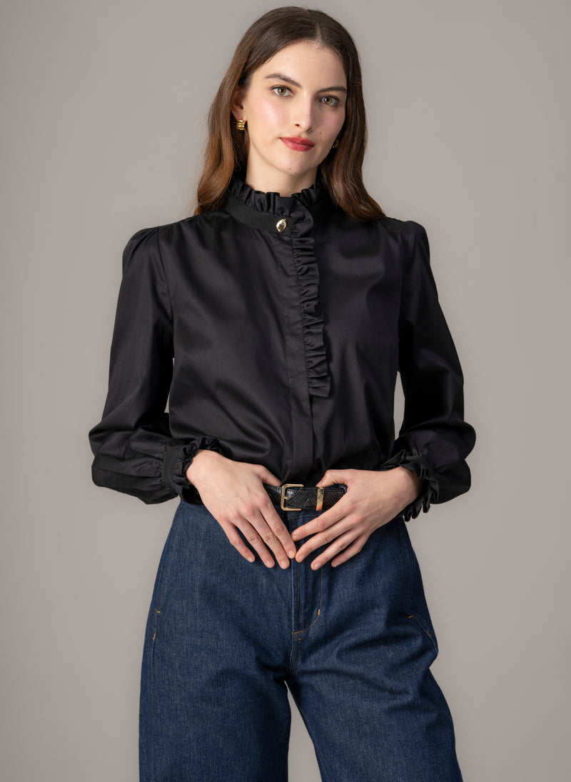 Kristen Black Frill Collar Shirt with Grosgrain Trim