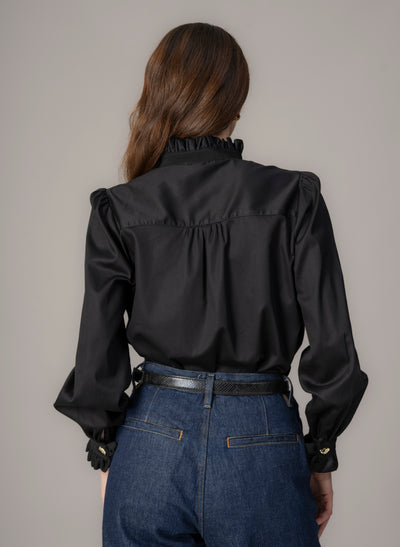 Kristen Black Frill Collar Shirt with Grosgrain Trim