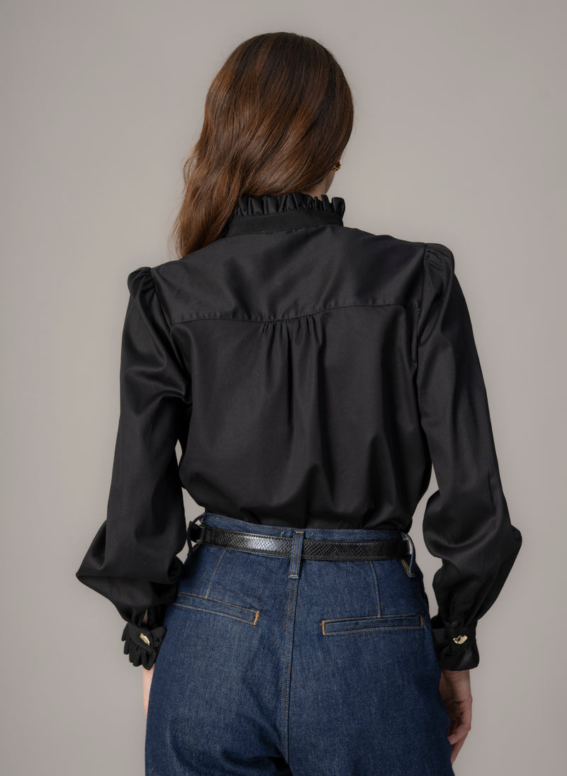 Kristen Black Frill Collar Shirt with Grosgrain Trim