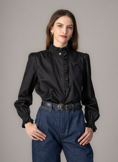 Kristen Black Frill Collar Shirt with Grosgrain Trim