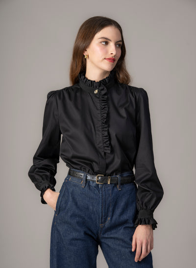 Kristen Black Frill Collar Shirt with Grosgrain Trim