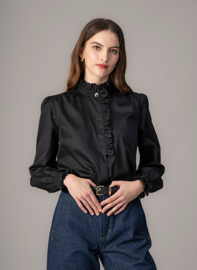 Kristen Black Frill Collar Shirt with Grosgrain Trim