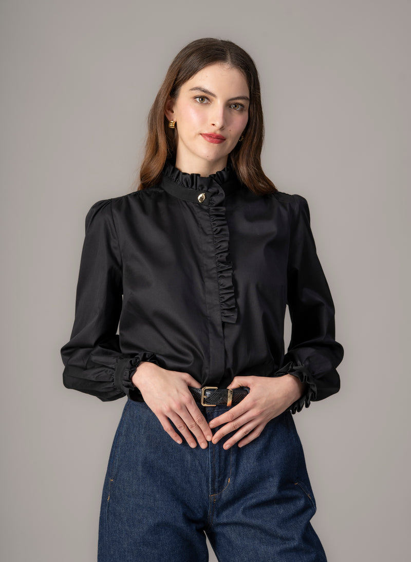 Kristen Black Frill Collar Shirt with Grosgrain Trim