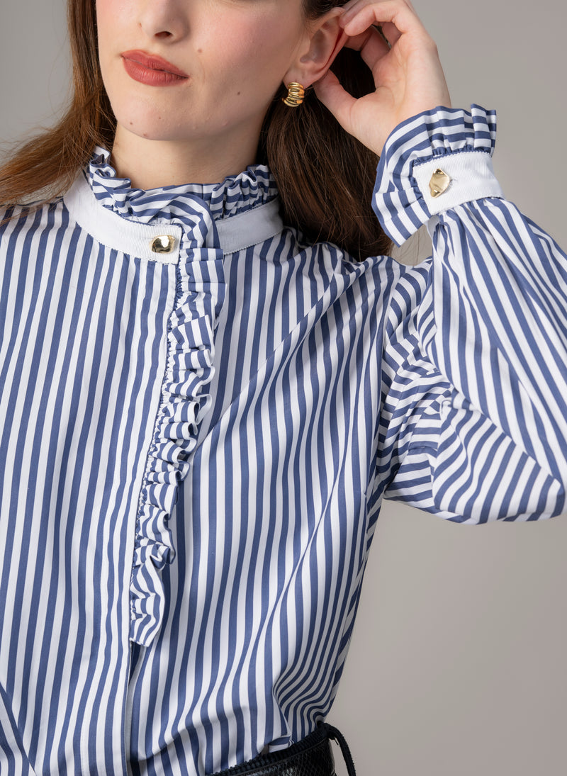 Kristen Navy & White Stripe Frill Collar Shirt with Grosgrain Trim