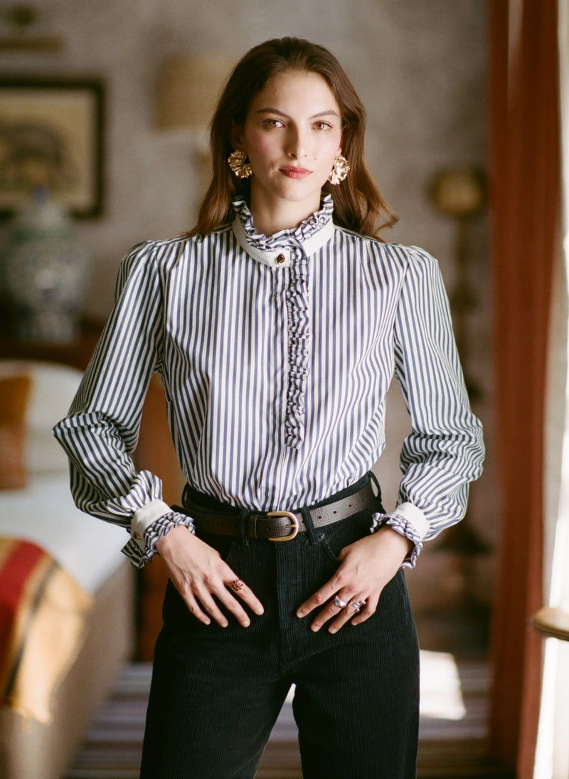 Kristen Navy & White Stripe Frill Collar Shirt with Grosgrain Trim