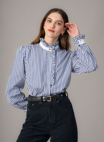 Kristen Navy & White Stripe Frill Collar Shirt with Grosgrain Trim