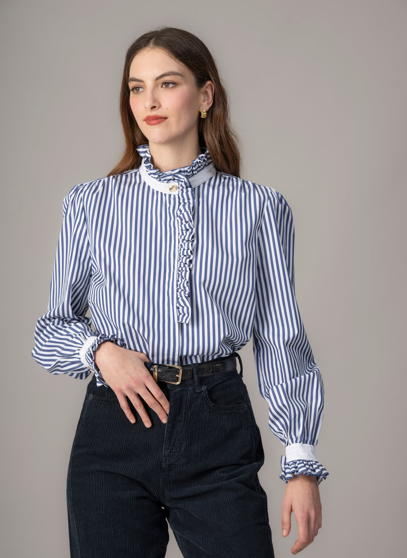 Kristen Navy & White Stripe Frill Collar Shirt with Grosgrain Trim
