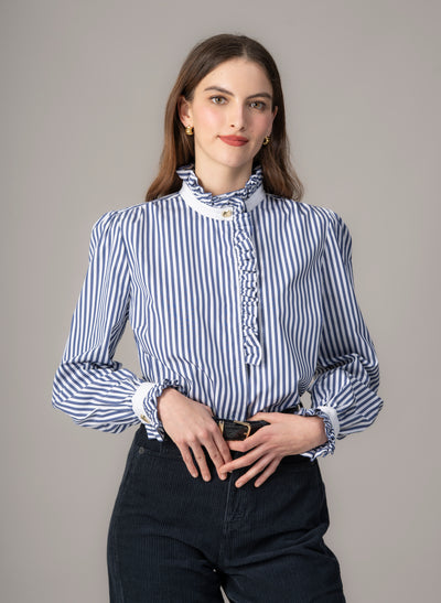 Kristen Navy & White Stripe Frill Collar Shirt with Grosgrain Trim
