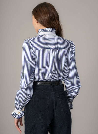 Kristen Navy & White Stripe Frill Collar Shirt with Grosgrain Trim