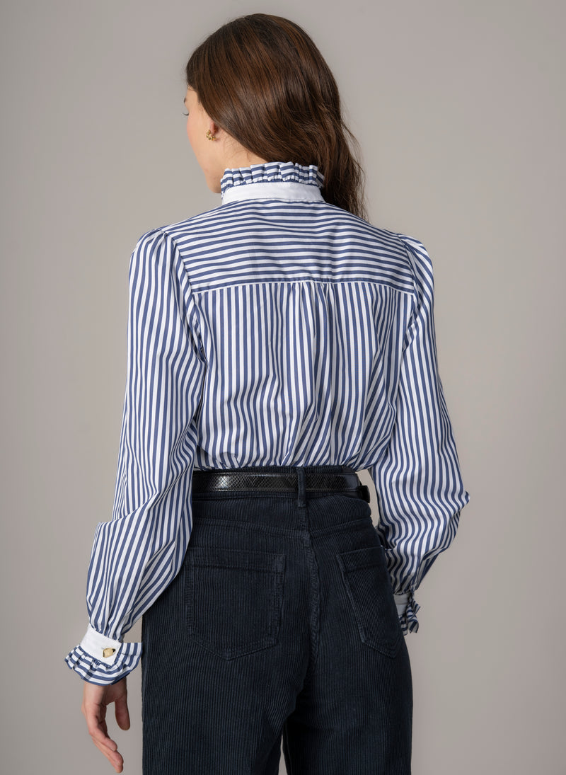 Kristen Navy & White Stripe Frill Collar Shirt with Grosgrain Trim