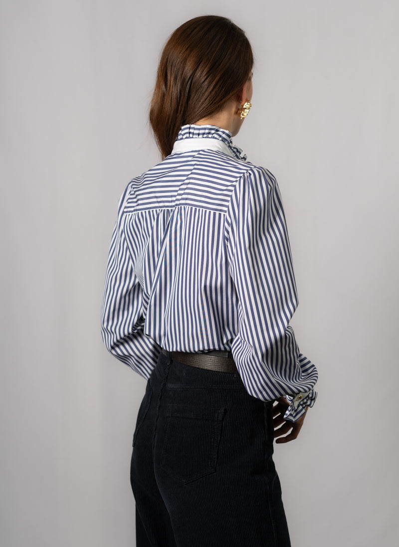 Kristen Navy & White Stripe Frill Collar Shirt with Grosgrain Trim