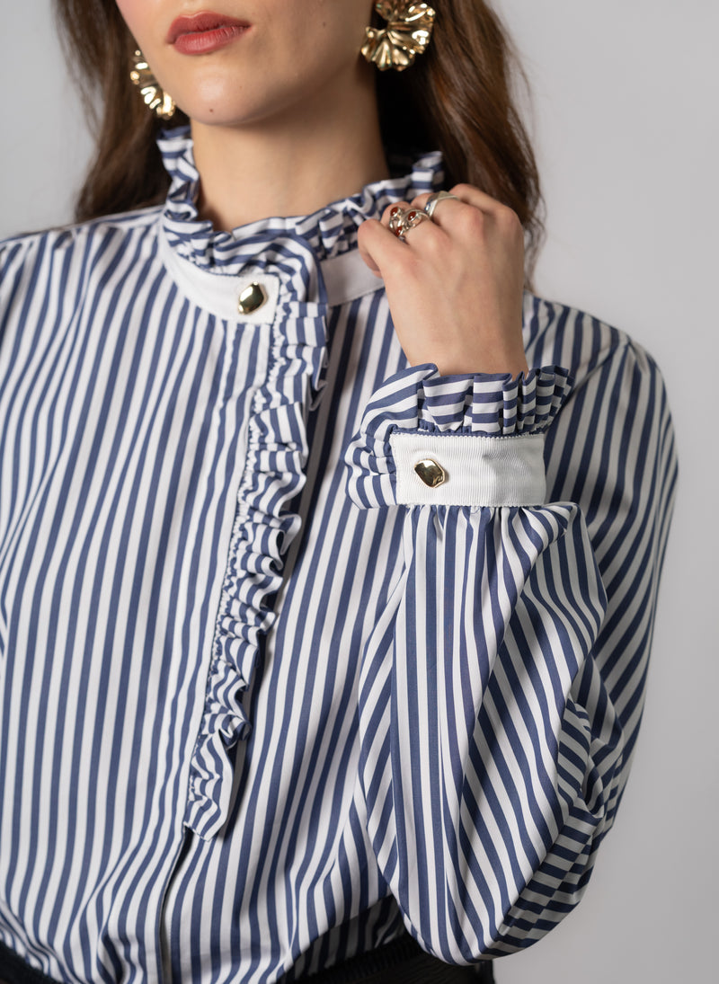 Kristen Navy & White Stripe Frill Collar Shirt with Grosgrain Trim