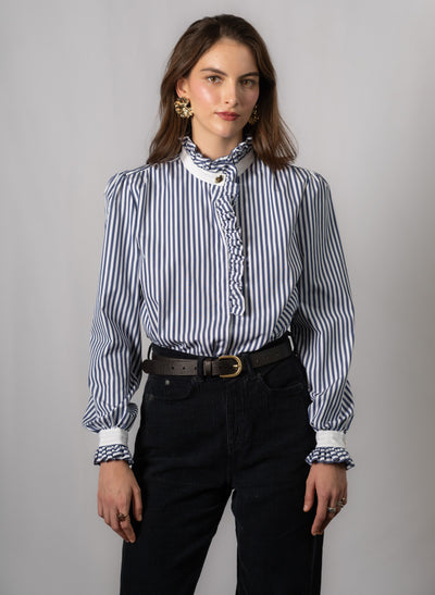 Kristen Navy & White Stripe Frill Collar Shirt with Grosgrain Trim