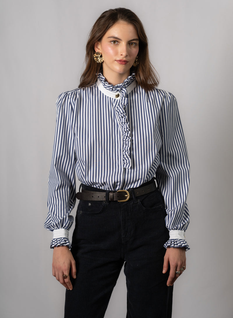 Kristen Navy & White Stripe Frill Collar Shirt with Grosgrain Trim