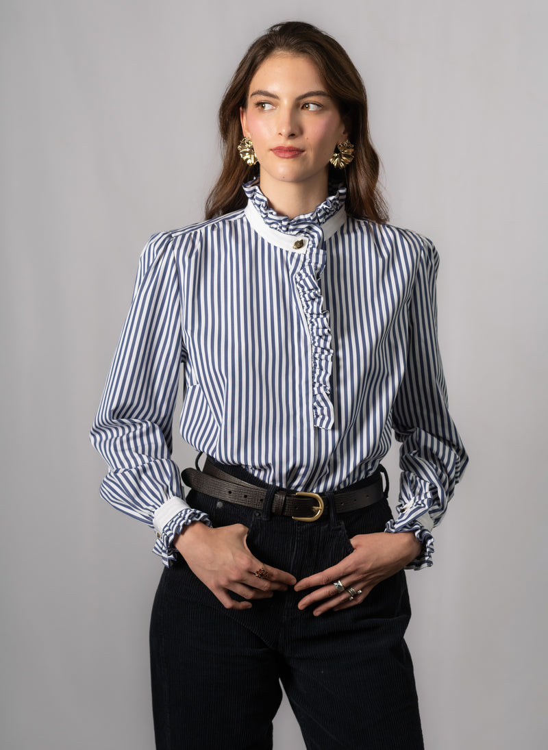 Kristen Navy & White Stripe Frill Collar Shirt with Grosgrain Trim