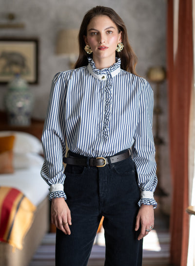 Kristen Navy & White Stripe Frill Collar Shirt with Grosgrain Trim