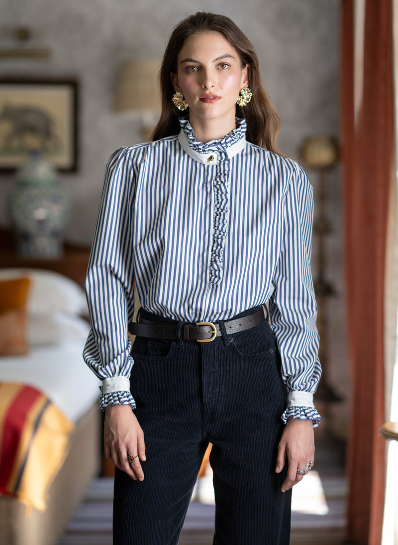 Kristen Navy & White Stripe Frill Collar Shirt with Grosgrain Trim