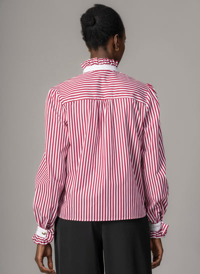 Kristen Red & White Stripe Frill Collar Shirt with Grosgrain Trim