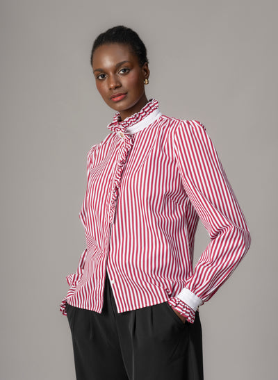Kristen Red & White Stripe Frill Collar Shirt with Grosgrain Trim
