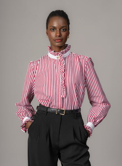 Kristen Red & White Stripe Frill Collar Shirt with Grosgrain Trim