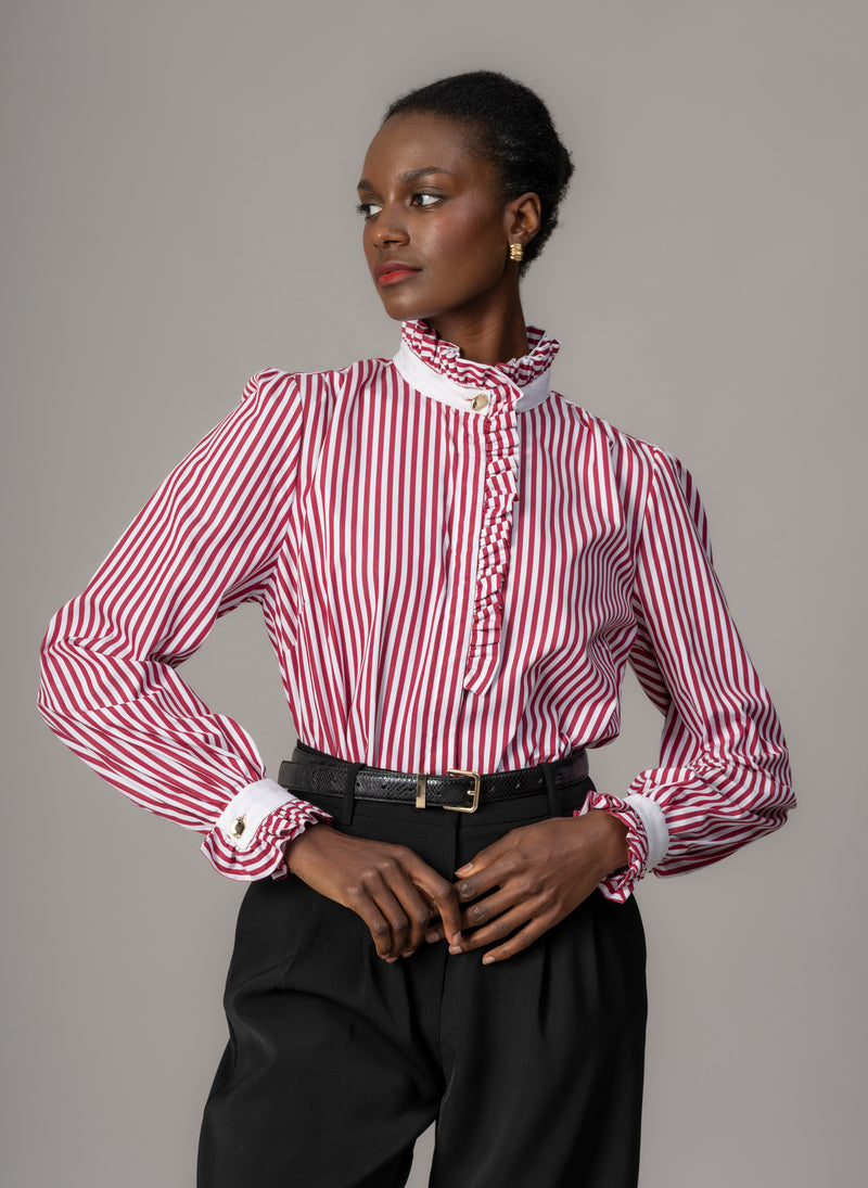 Kristen Red & White Stripe Frill Collar Shirt with Grosgrain Trim