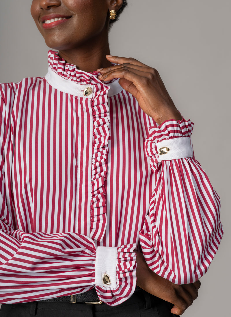 Kristen Red & White Stripe Frill Collar Shirt with Grosgrain Trim