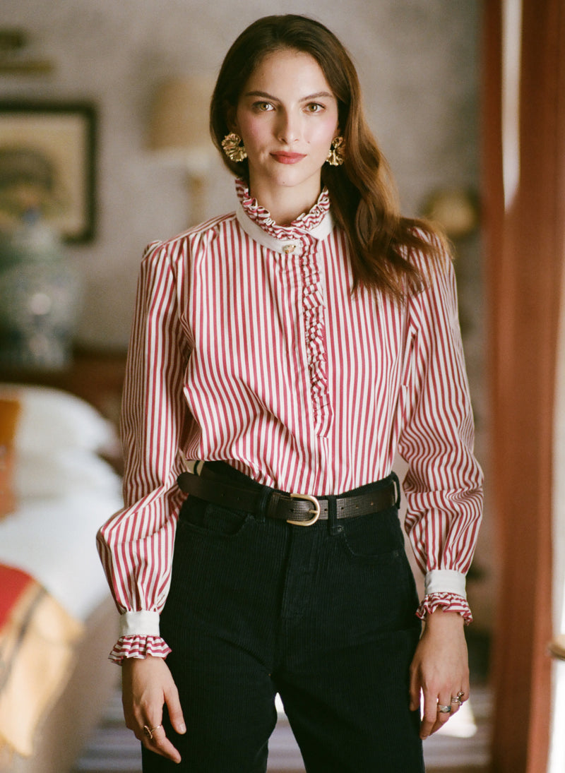 Kristen Red & White Stripe Frill Collar Shirt with Grosgrain Trim