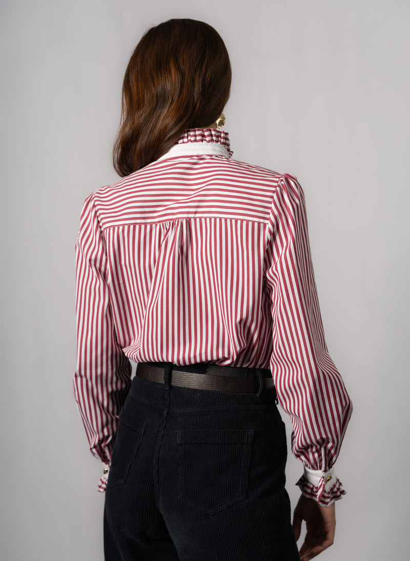 Kristen Red & White Stripe Frill Collar Shirt with Grosgrain Trim