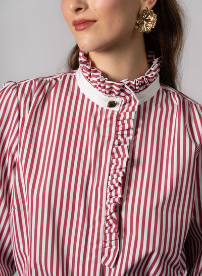 Kristen Red & White Stripe Frill Collar Shirt with Grosgrain Trim