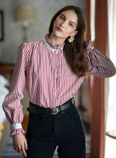 Kristen Red & White Stripe Frill Collar Shirt with Grosgrain Trim