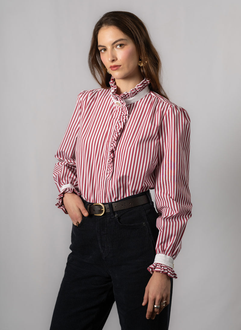 Kristen Red & White Stripe Frill Collar Shirt with Grosgrain Trim