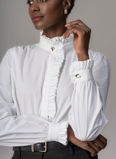 Kristen White Frill Collar Shirt with Grosgrain Trim
