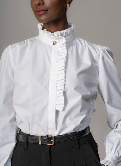 Kristen White Frill Collar Shirt with Grosgrain Trim