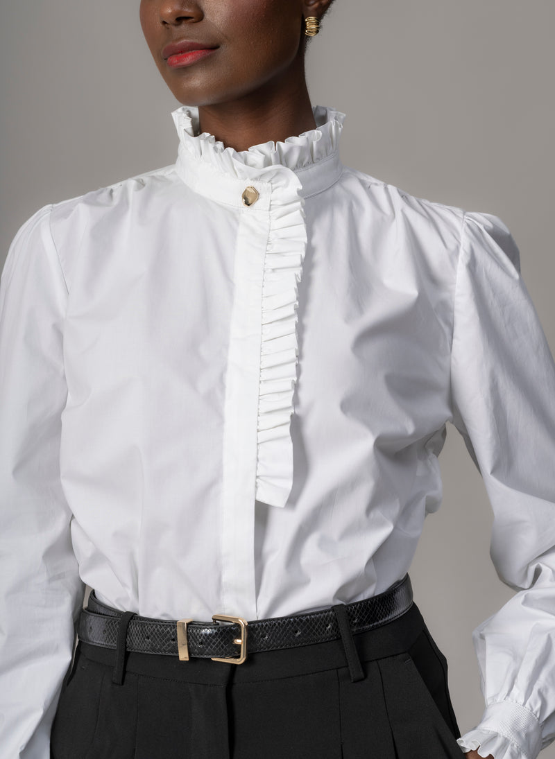 Kristen White Frill Collar Shirt with Grosgrain Trim
