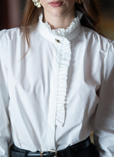 Kristen White Frill Collar Shirt with Grosgrain Trim