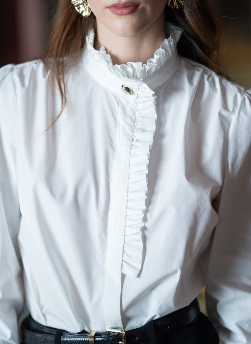 Kristen White Frill Collar Shirt with Grosgrain Trim
