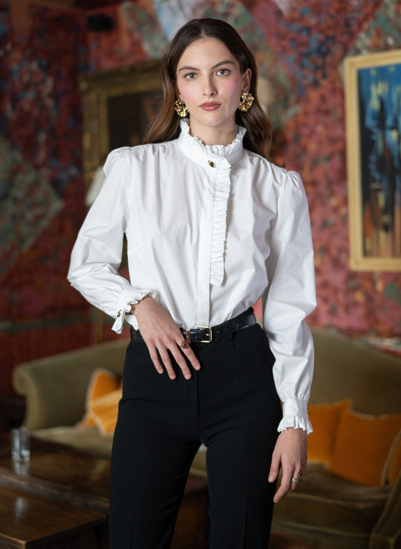 Kristen White Frill Collar Shirt with Grosgrain Trim