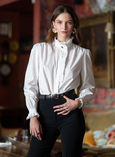 Kristen White Frill Collar Shirt with Grosgrain Trim