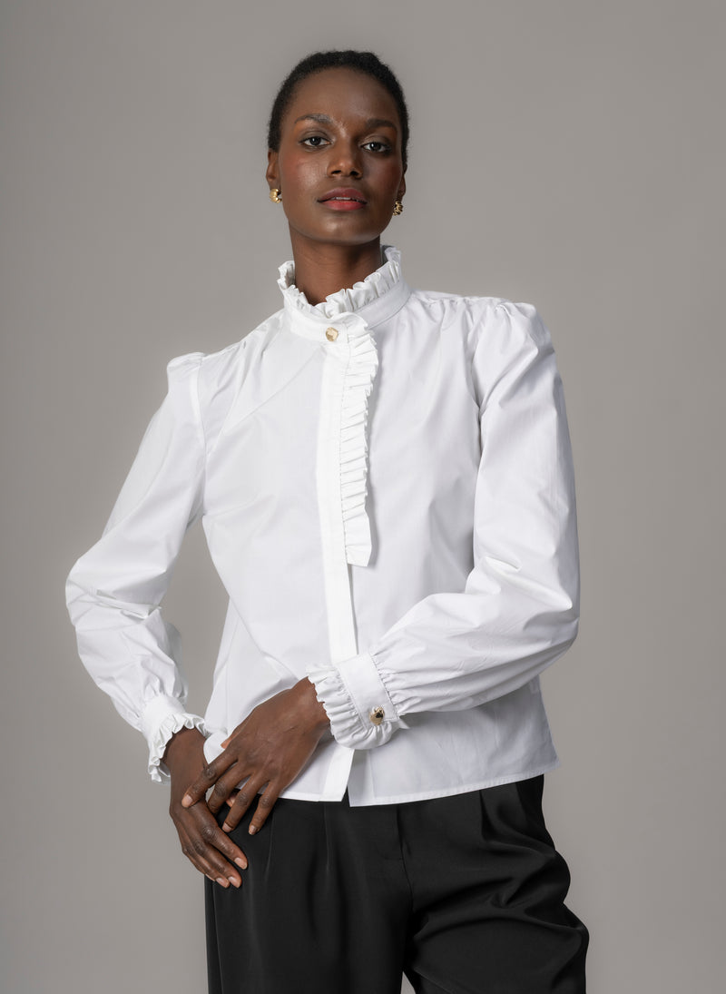 Kristen White Frill Collar Shirt with Grosgrain Trim