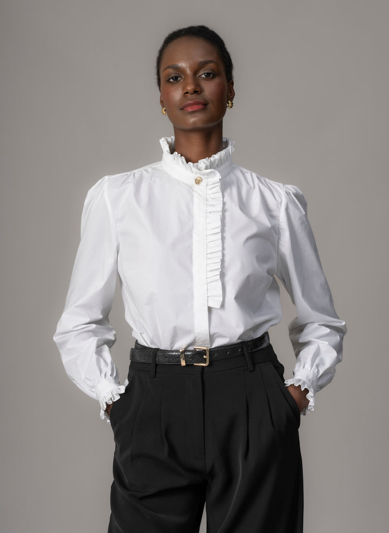 Kristen White Frill Collar Shirt with Grosgrain Trim