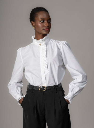 Kristen White Frill Collar Shirt with Grosgrain Trim