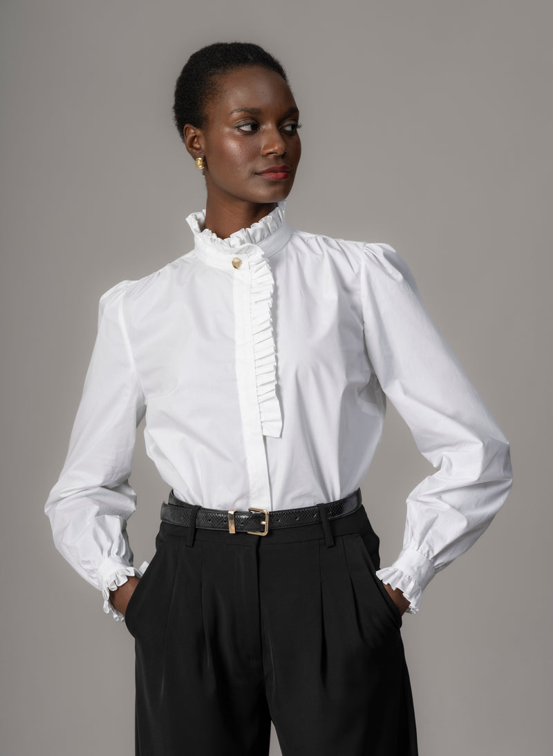 Kristen White Frill Collar Shirt with Grosgrain Trim