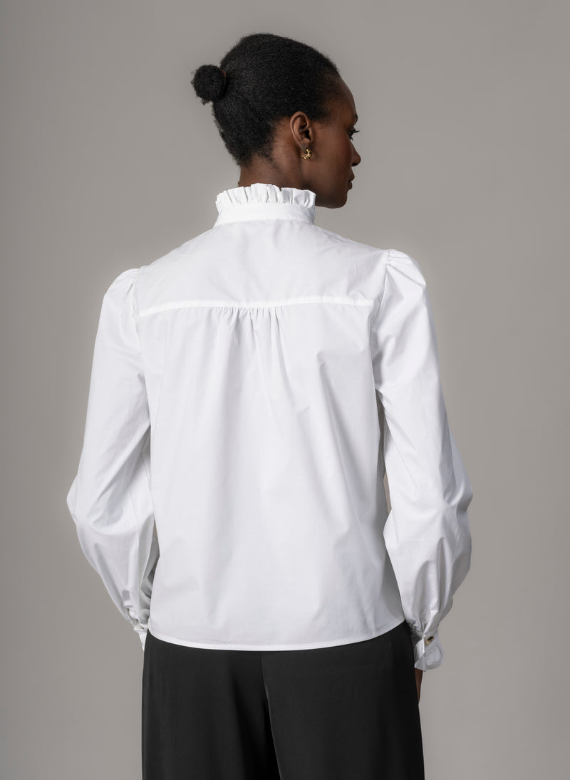 Kristen White Frill Collar Shirt with Grosgrain Trim