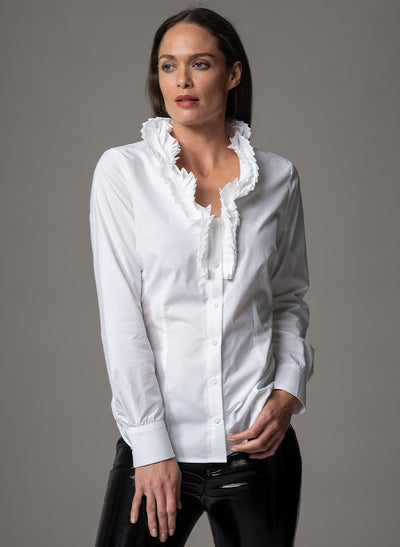 LARA WHITE FITTED BLOUSE WITH ELIZAETHAN PLEATED COLLAR