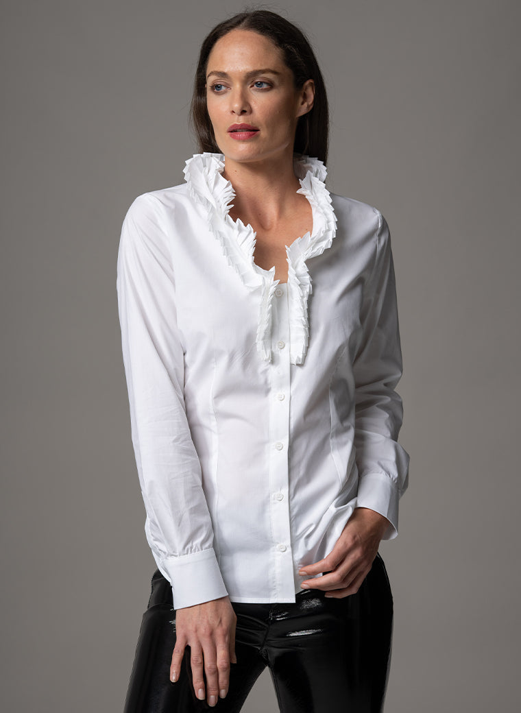 LARA WHITE FITTED BLOUSE WITH ELIZAETHAN PLEATED COLLAR