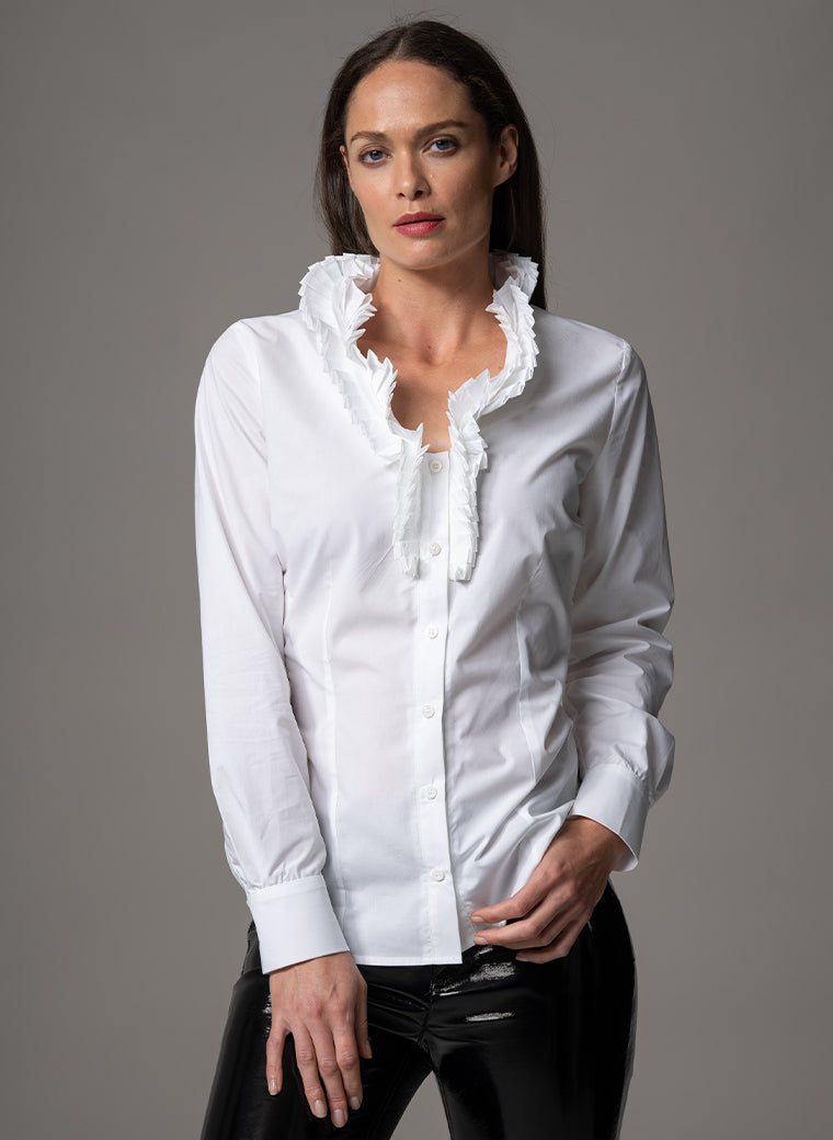 LARA WHITE FITTED BLOUSE WITH ELIZAETHAN PLEATED COLLAR