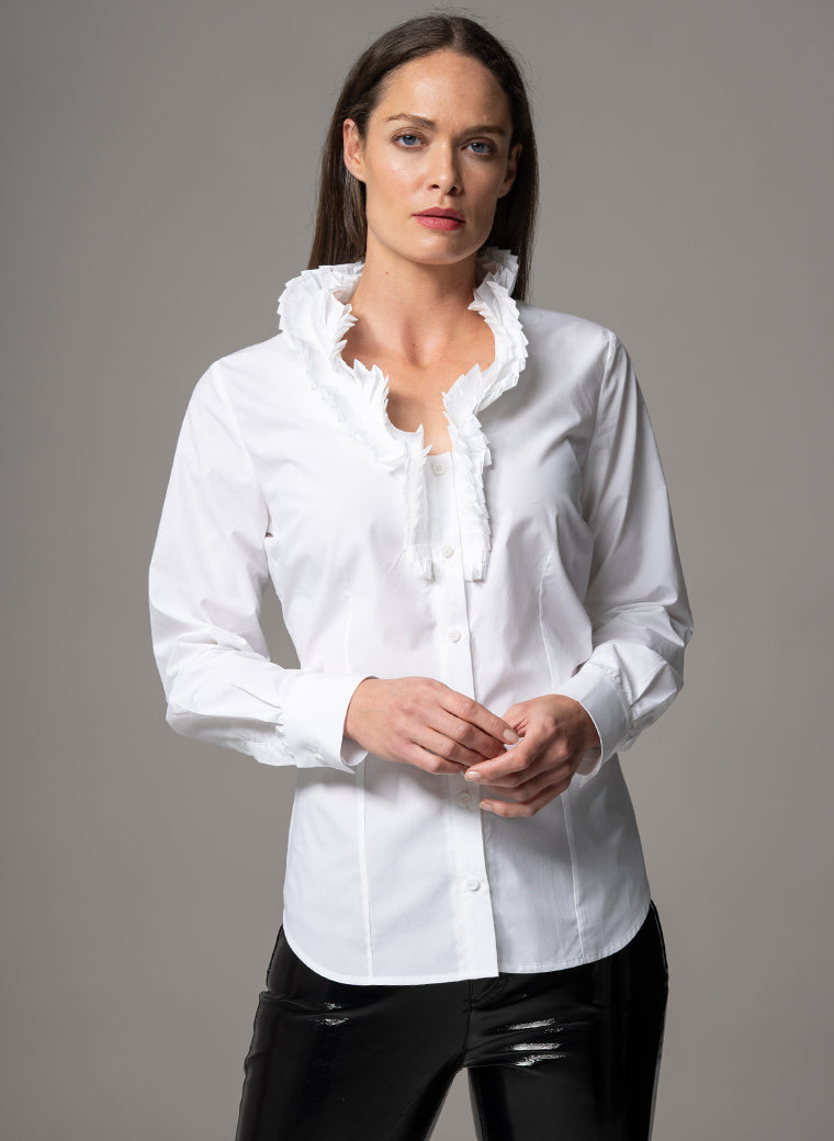 LARA WHITE FITTED BLOUSE WITH ELIZAETHAN PLEATED COLLAR